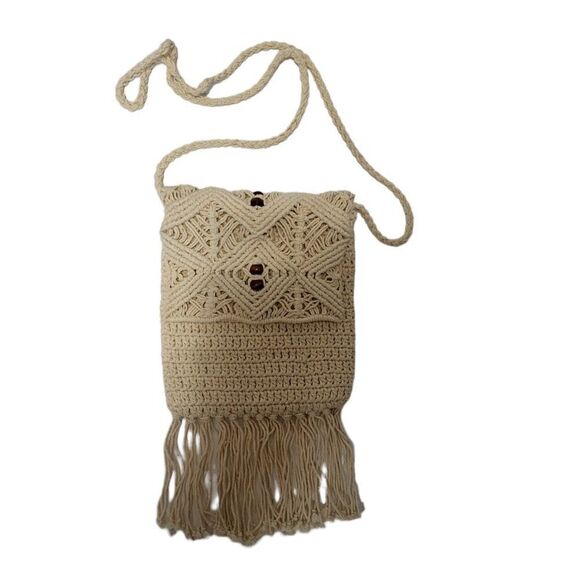Macrame Cream Beige Fringe Beaded Crossbody Bag Minimalist Hippie 70s - Picture 1 of 7